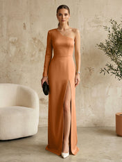 Long Sleeves Black One Shoulder Formal Dress Evening Gown