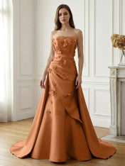 Lavender Satin 3D Floral Strapless A-Line Gown