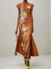 Green Floral Embroidered Cap Sleeve Slit Sheath Maxi Dress