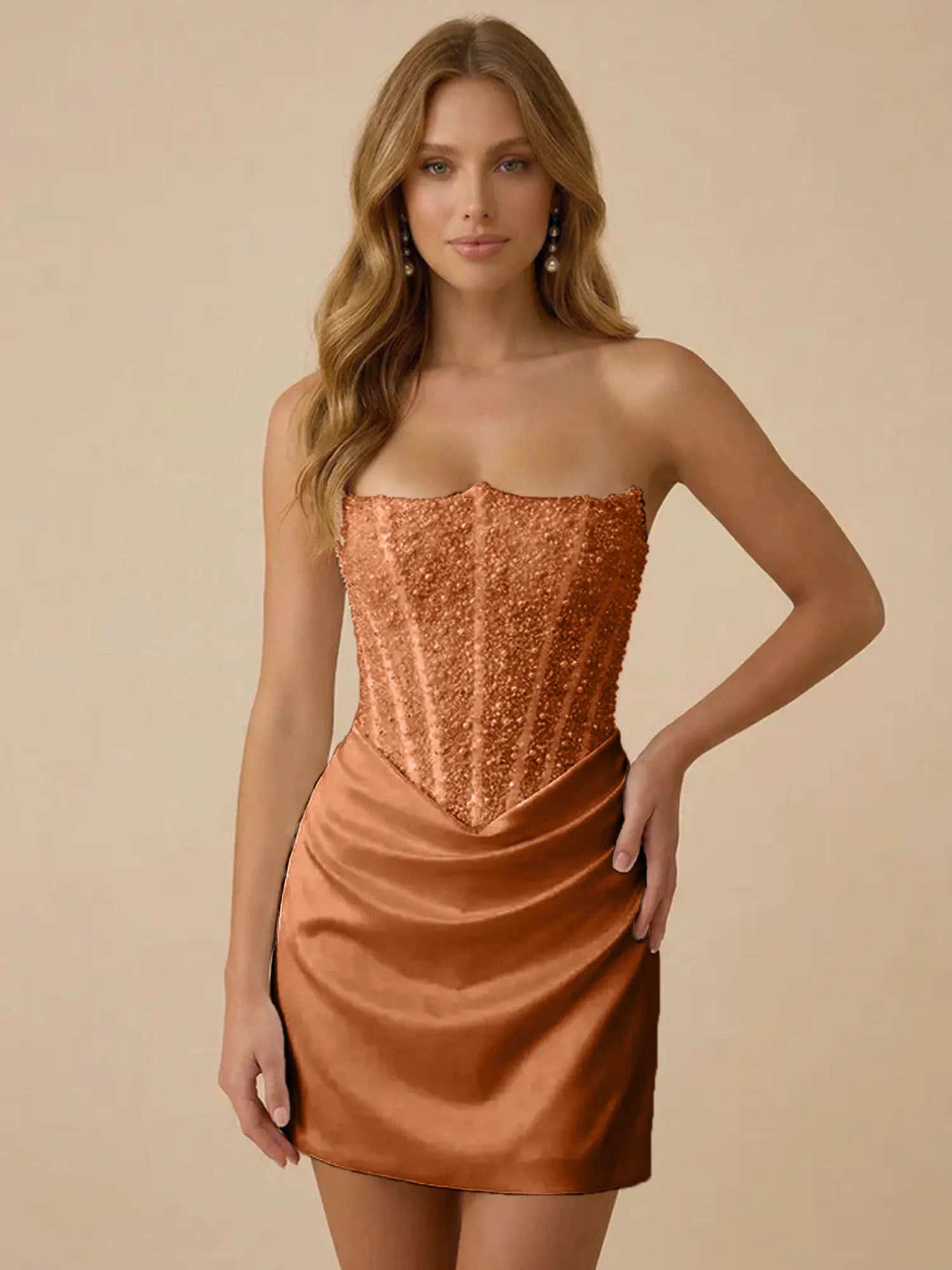 White Strapless Sequin Beaded Satin Short Homecoming Dress with Corset