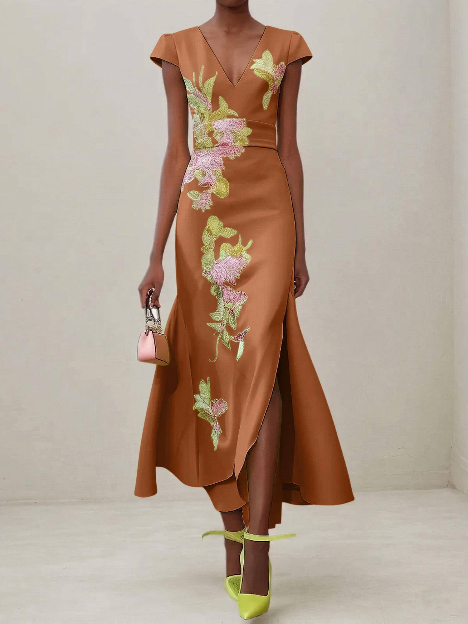 Green Floral V Neck Embroidered Cap Sleeve Slit Sheath Maxi Dress