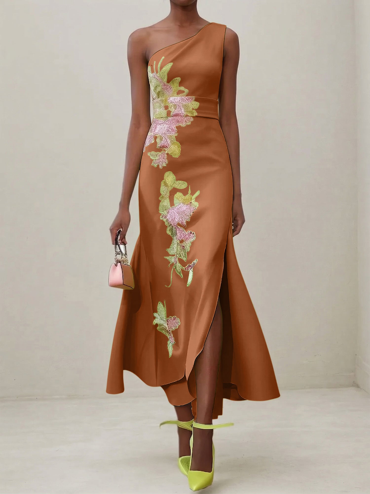 Green Floral One Shoulder Embroidered Cap Sleeve Slit Sheath Maxi Dress