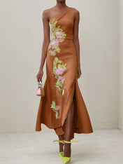 Green Floral One Shoulder Embroidered Cap Sleeve Slit Sheath Maxi Dress