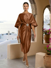 Half Sleeves Mermaid Satin Tea Length Long Evening Dresses with 3D Flower