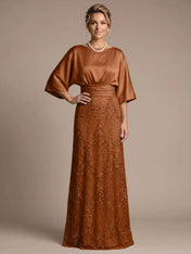 Bateau Neck Satin Evening Gown with 3/4 Batwing Sleeves Mother of The Bride Dresses