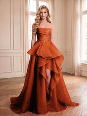 Formal Evening Tiered Dress Pink Strapless Maxi Gown