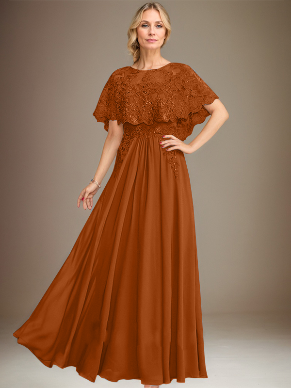 A-line Boat Neck Floor-Length Lace Chiffon Mother of the Bride Dress With Applique Sequins