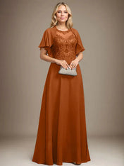A-line Scoop Illusion Floor-Length Lace Chiffon Mother of the Bride Dress With Sequins