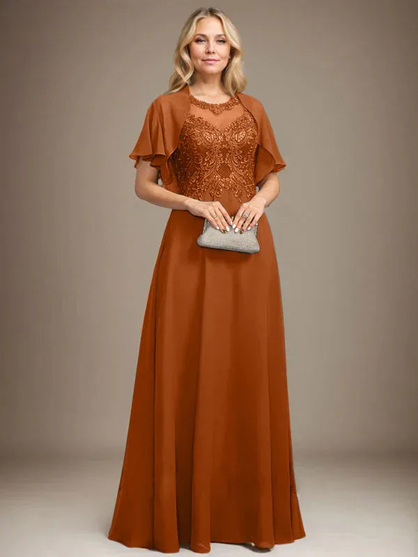 A-line Scoop Illusion Floor-Length Lace Chiffon Mother of the Bride Dress With Sequins