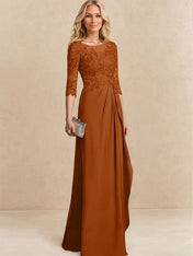 A-line Scoop Illusion Floor-Length Chiffon Lace Mother of the Bride Dress With Beading Sequins Cascading Ruffles