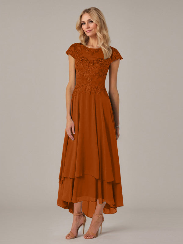 A-line Boat Neck Illusion Asymmetrical Chiffon Lace Mother of the Bride Dress With Applique Pleats