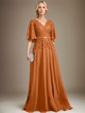 A-line V-Neck Floor-Length Chiffon Lace Mother of the Bride Dress With Crystal Brooch Rhinestone