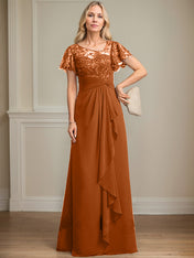 A-line Asymmetrical Illusion Floor-Length Lace Chiffon Mother of the Bride Dress With Cascading Ruffles Sequins