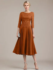 A-line Scoop Tea-Length Lace Chiffon Mother of the Bride Dress