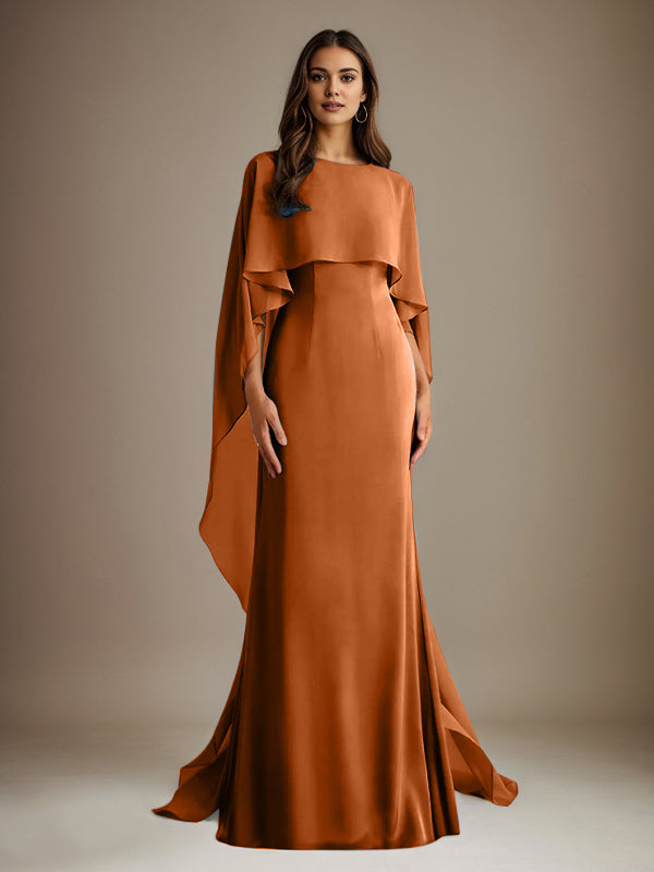 Robe de mère de la mariée en mousseline, coupe fourreau/colonne, col bateau, longueur ras du sol, avec volants en cascade 