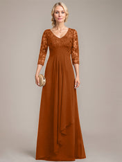 A-line V-Neck Floor-Length Lace Chiffon Mother of the Bride Dress With Cascading Ruffles Sequins