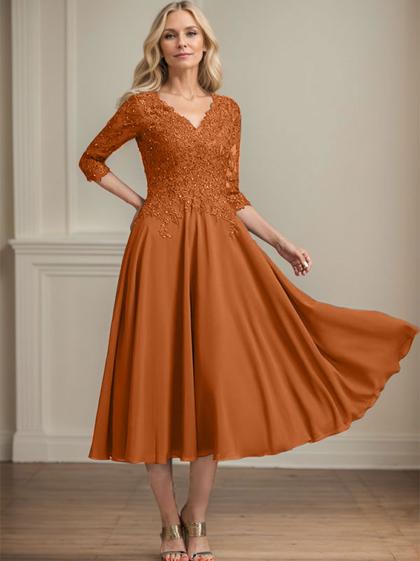 A-line V-Neck Tea-Length Chiffon Lace Mother of the Bride Dress With Beading Sequins