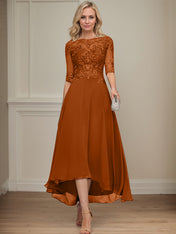 A-line Boat Neck Illusion Asymmetrical Chiffon Lace Mother of the Bride Dress With Sequins Beading
