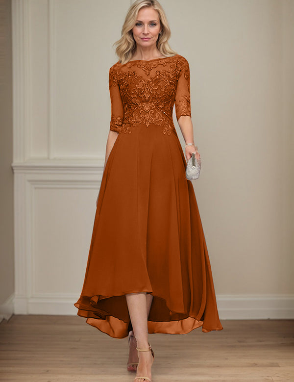 A-line Boat Neck Illusion Asymmetrical Chiffon Lace Mother of the Bride Dress With Sequins Beading
