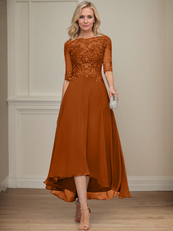 A-line Boat Neck Illusion Asymmetrical Chiffon Lace Mother of the Bride Dress With Sequins Beading