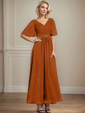 A-line V-Neck Ankle-Length Chiffon Mother of the Bride Dress With Pleated Beading Sequins