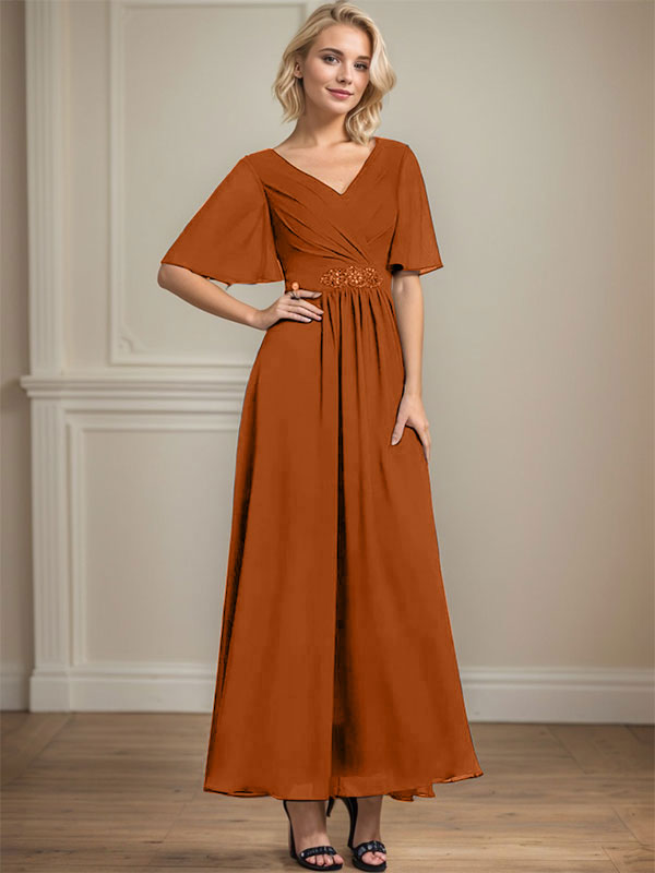 A-line V-Neck Ankle-Length Chiffon Mother of the Bride Dress With Pleated Beading Sequins