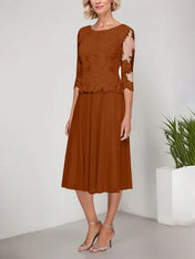 A-line Scoop Tea-Length Lace Chiffon Mother of the Bride Dress With Embroidery