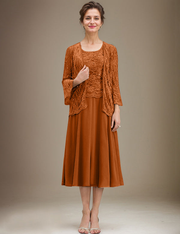 A-line Scoop Tea-Length Lace Chiffon Mother of the Bride Dress With Sequins