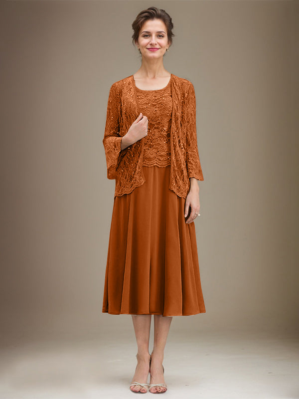 A-line Scoop Tea-Length Lace Chiffon Mother of the Bride Dress With Sequins