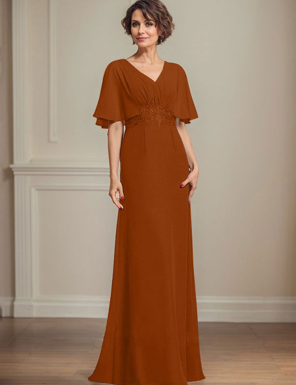 A-line V-Neck Floor-Length Chiffon Mother of the Bride Dress With Pleated Sequins Appliques Lace
