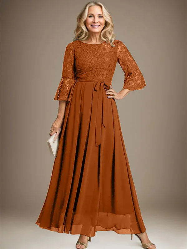 Robe de mère de la mariée trapèze en mousseline de soie et dentelle, longueur cheville, avec nœud