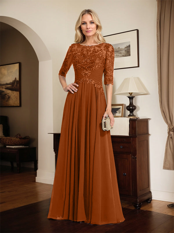 A-line Scoop Illusion Floor-Length Chiffon Lace Mother of the Bride Dress With Pleated Sequins