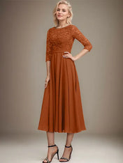 A-line Scoop Tea-Length Lace Chiffon Mother of the Bride Dress With Sequins