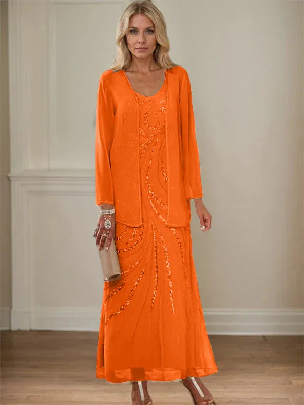 Robe de mère de la mariée fourreau/colonne, col en V, longueur cheville, avec veste et paillettes 
