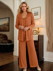 Burnt Orange Chiffon Mother of the Bride Pantsuits with Jacket & Sequins