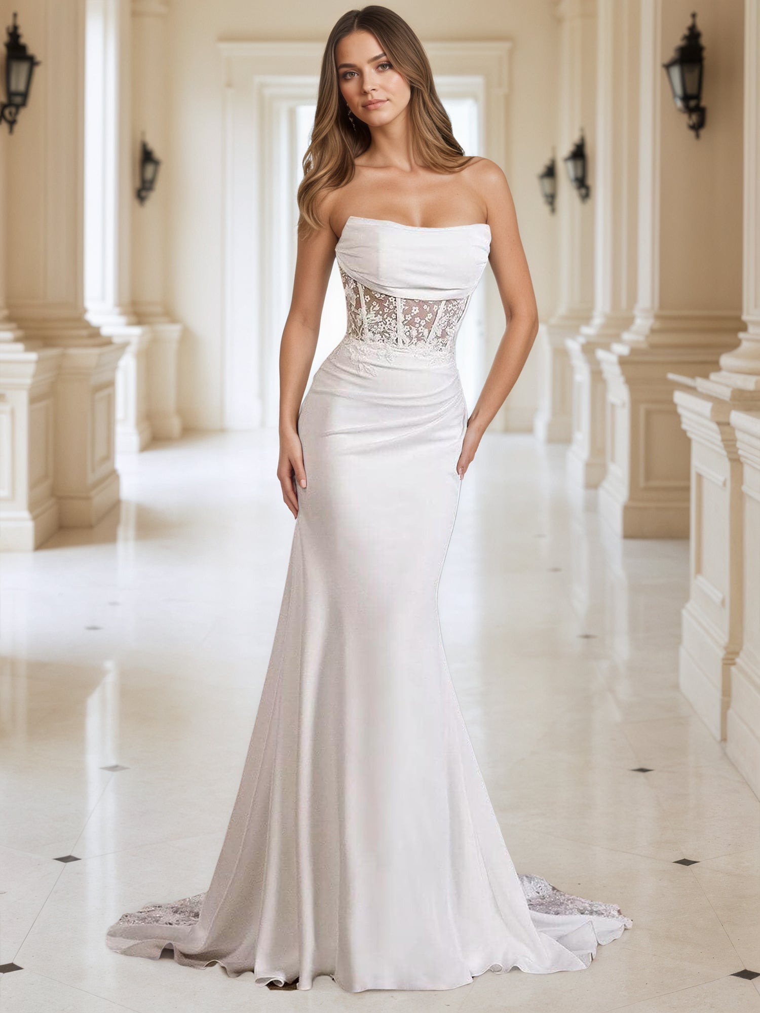 Strapless Applique Wedding Dresses for Women Mermaid Beach Bridal Dress