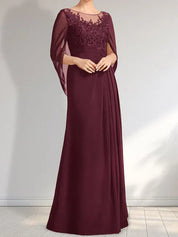 Robe de mère de la mariée trapèze en mousseline de soie et dentelle, longueur au sol, avec décolleté en V et paillettes plissées