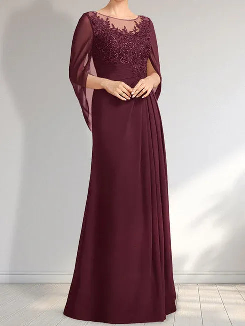 Robe de mère de la mariée trapèze en mousseline de soie et dentelle, longueur au sol, avec décolleté en V et paillettes plissées