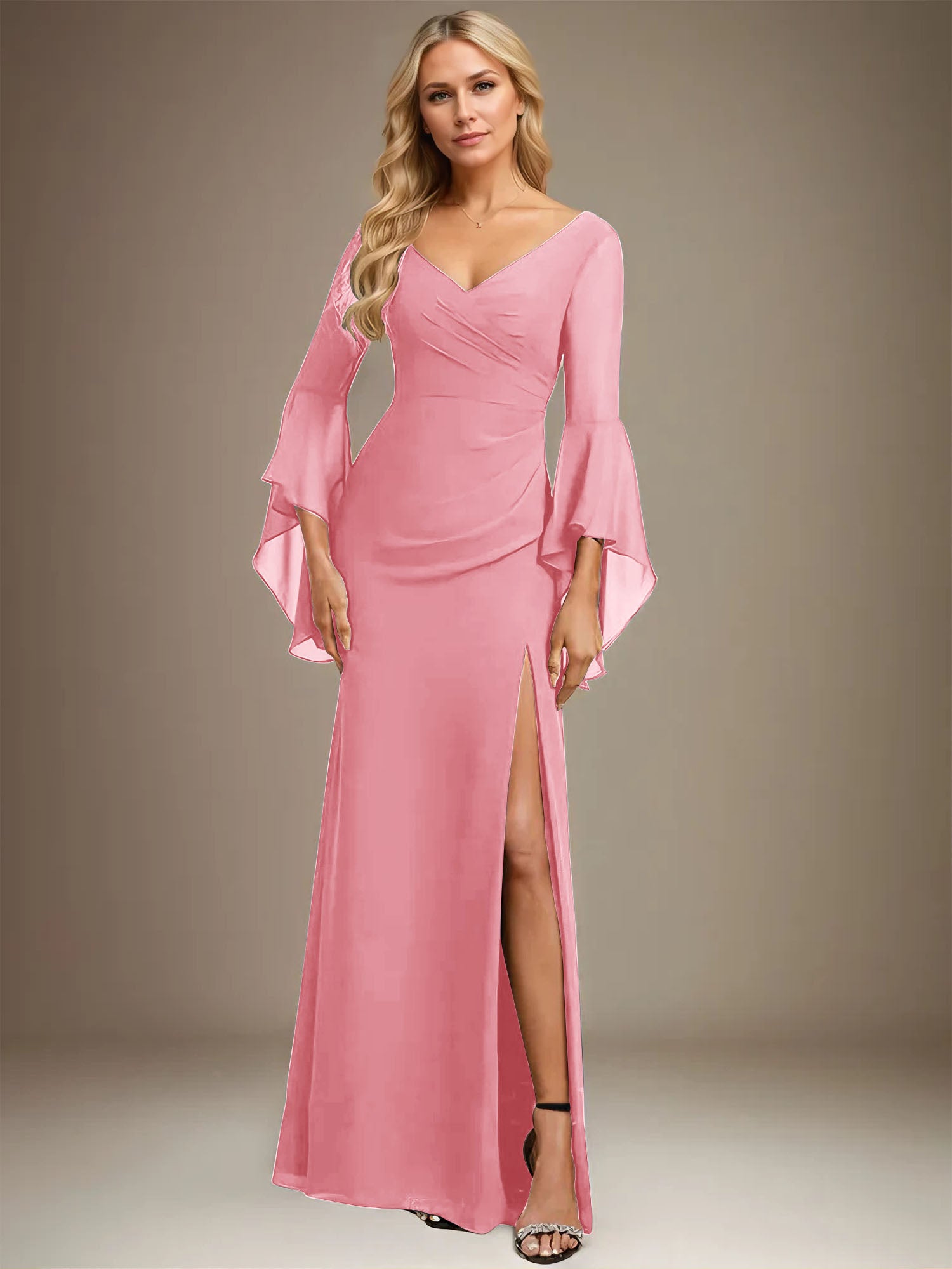 Column V-Neck Floor-Length Chiffon Dress With Pleated