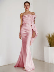 White Mermaid Strapless Sheath Satin Long Formal Dress with Slit