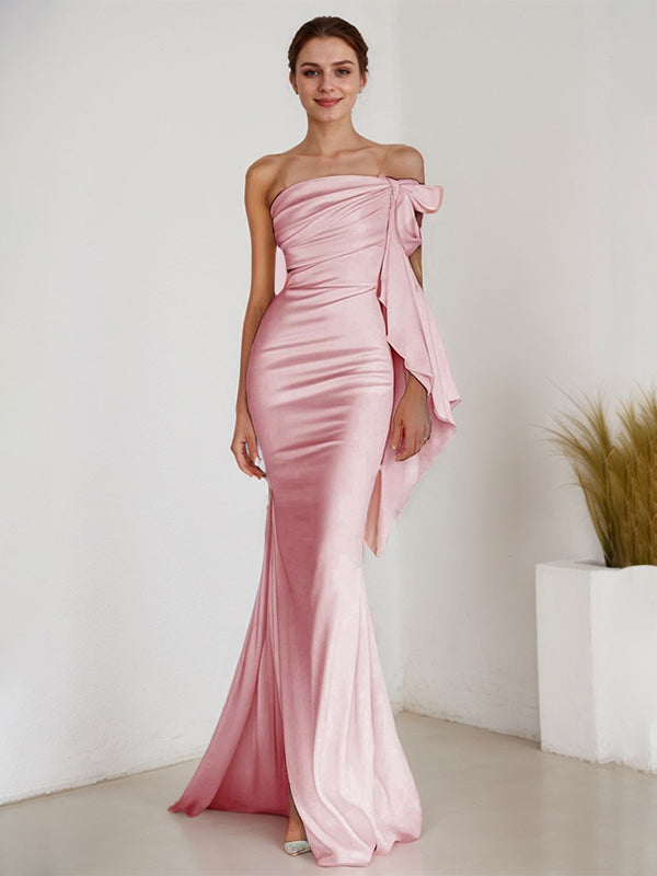 White Mermaid Strapless Sheath Satin Long Formal Dress with Slit