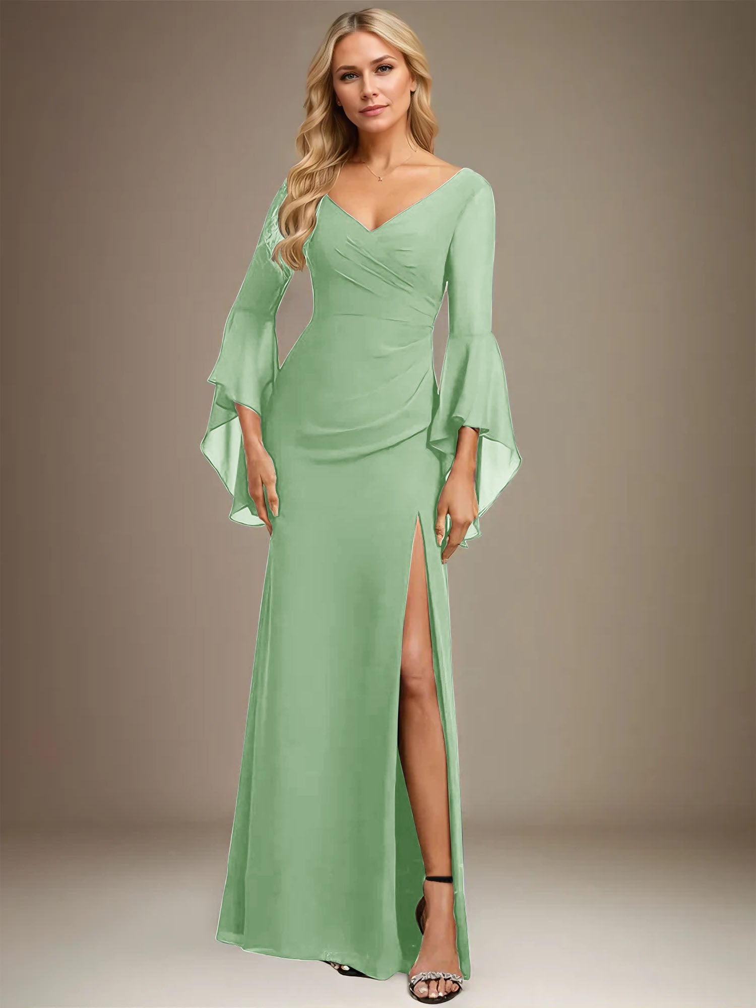 Column V-Neck Floor-Length Chiffon Dress With Pleated