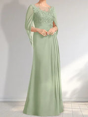 Robe de mère de la mariée trapèze en mousseline de soie et dentelle, longueur au sol, avec décolleté en V et paillettes plissées