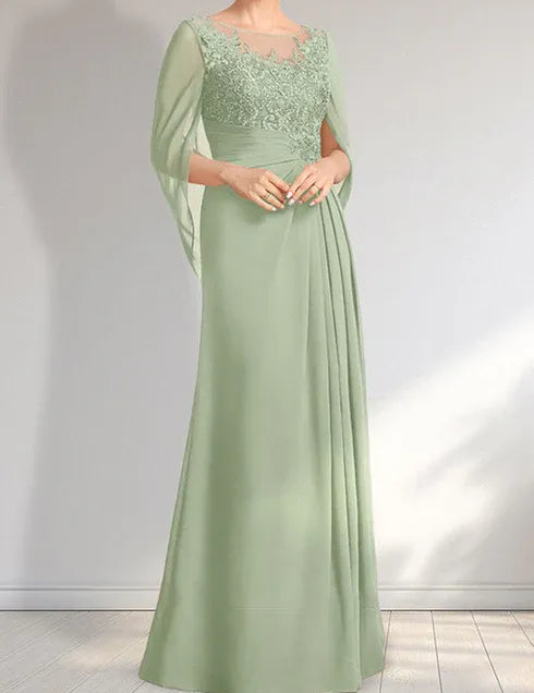 Robe de mère de la mariée trapèze en mousseline de soie et dentelle, longueur au sol, avec décolleté en V et paillettes plissées