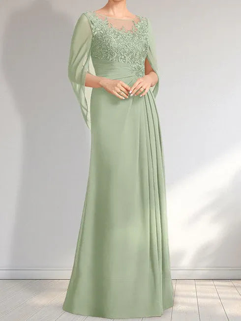 Robe de mère de la mariée trapèze en mousseline de soie et dentelle, longueur au sol, avec décolleté en V et paillettes plissées