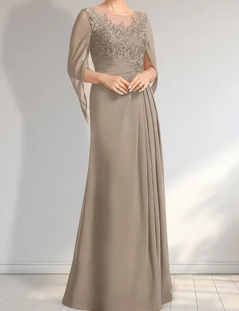 Robe de mère de la mariée trapèze en mousseline de soie et dentelle, longueur au sol, avec décolleté en V et paillettes plissées