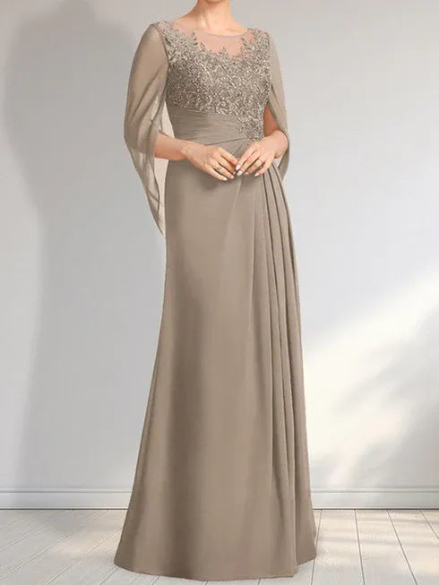 Robe de mère de la mariée trapèze en mousseline de soie et dentelle, longueur au sol, avec décolleté en V et paillettes plissées