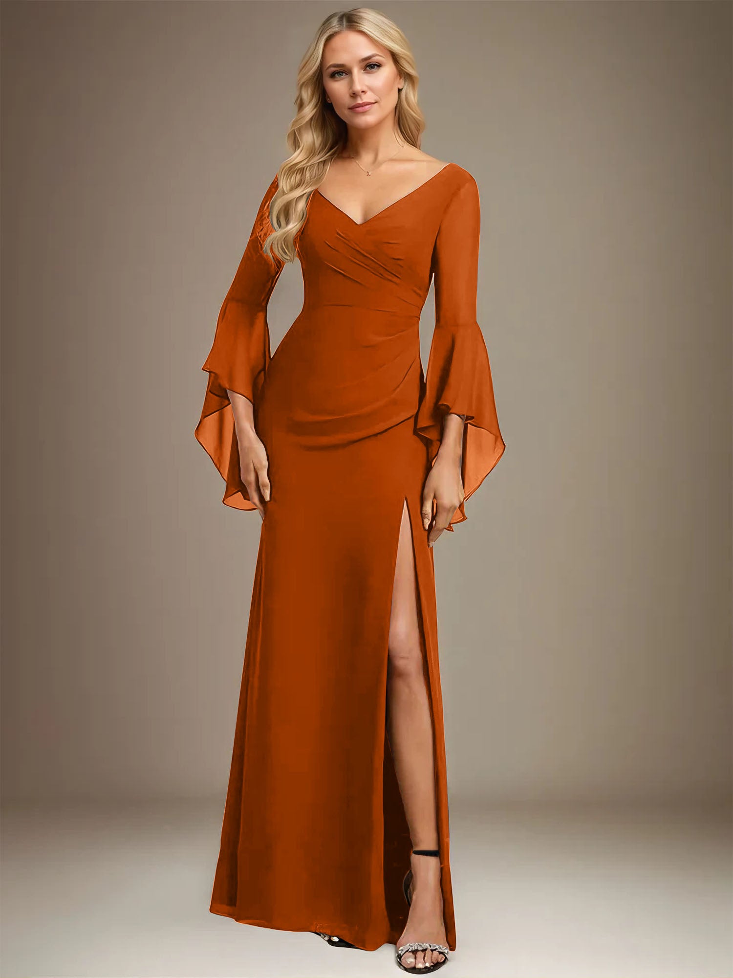 Column V-Neck Floor-Length Chiffon Dress With Pleated