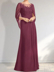 A-line Scoop Illusion Floor-Length Lace Chiffon Mother of the Bride Dress With Pleated Sequins