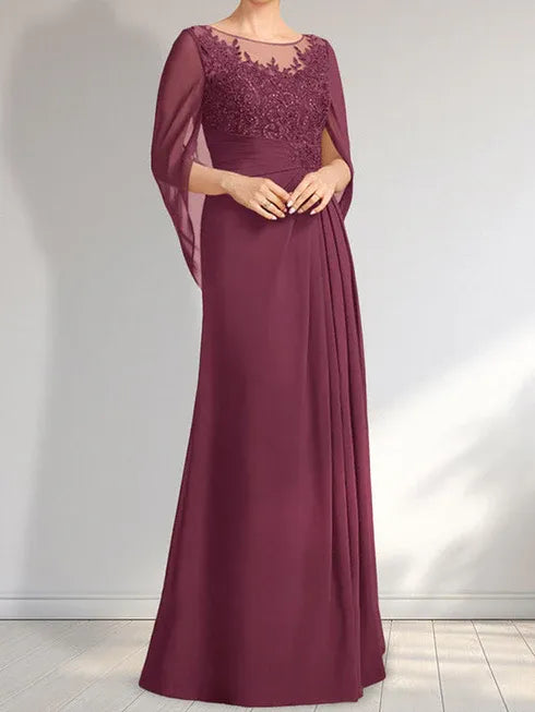 A-line Scoop Illusion Floor-Length Lace Chiffon Mother of the Bride Dress With Pleated Sequins